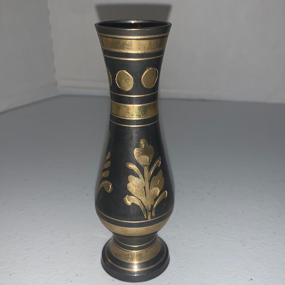 Vintage Brass Floral Etched Vase 5” Made in India